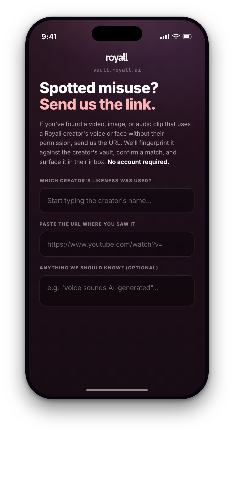 Royall app — Report it yourself, or let your team handle it